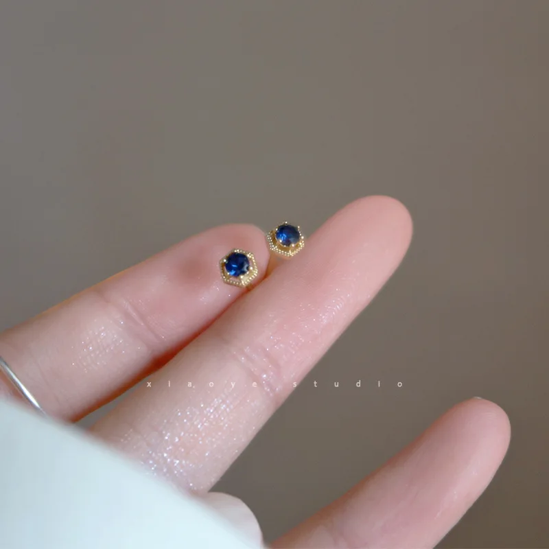 VOQ Silver Color Korean Blue Zircon Geometric Small Stud Earrings for Women 14k Gold Plated Simple Chic Jewelry Jewelry