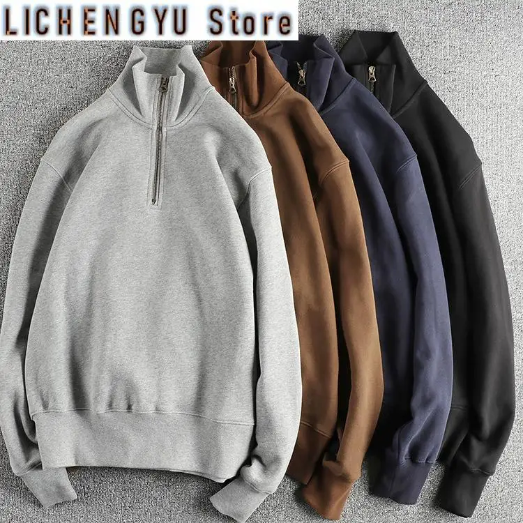

Autumn New American Retro Heavyweight Solid Color Sweatshirt Men's Simple 100% Cotton Washed Pullover Casual Terry Cloth Coat