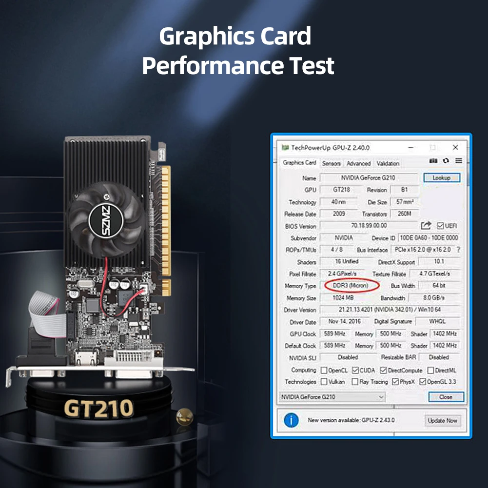 بطاقة فيديو GT210 1G مع DVI VGA HDMI-Compatibe Port Gaming Graphics Card 64Bit DDR3 بطاقة رسومات منخفضة المستوى لألعاب الكمبيوتر