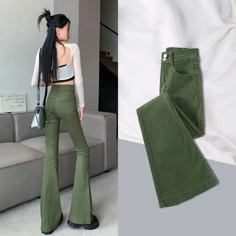 

Simplicity Office Lady Army Green Flare Jeans Women's Solid Button Zipper Pocket Fashion Casual High Waist Slim Wide Leg Pants