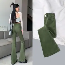 Simplicity Office Lady Army Green Flare Jeans Women's Solid Button Zipper Pocket Fashion Casual High Waist Slim Wide Leg Pants