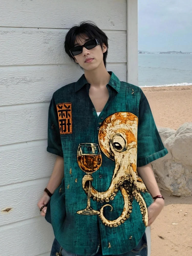

Japanese Men's Octopus Holding A Goblet Art Print Casual Green Shirt Men Lapel Button Up Y2k Shirts 3D Printed Hawaiian Blouses