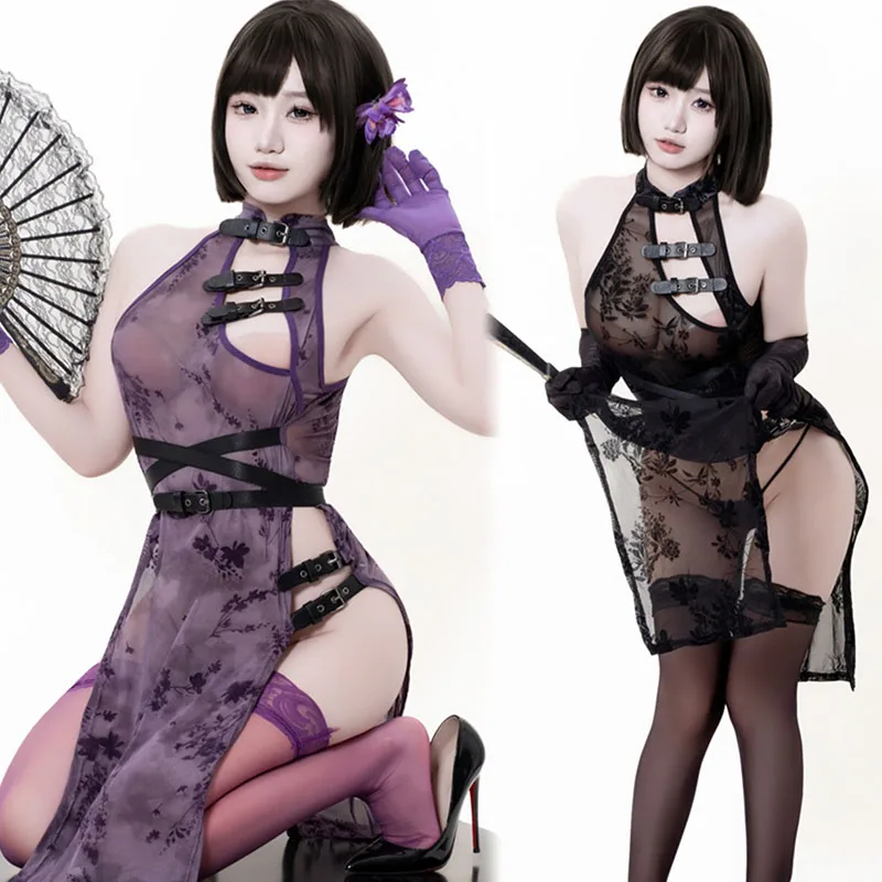 

Anime Heroine Combat Sexy Perspective Printing Cheongsam Lingerie Uniform Chinese Chi-Pao Dress Pajamas Erotic Costumes Cosplay