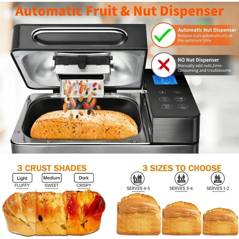 Kbs 17-In-1 Broodbakmachine-Dubbele Kachels, 710W Machine Roestvrij Staal Met Glutenvrij, Deegmaker, Yoghurt Prog, Auto Notendispenser