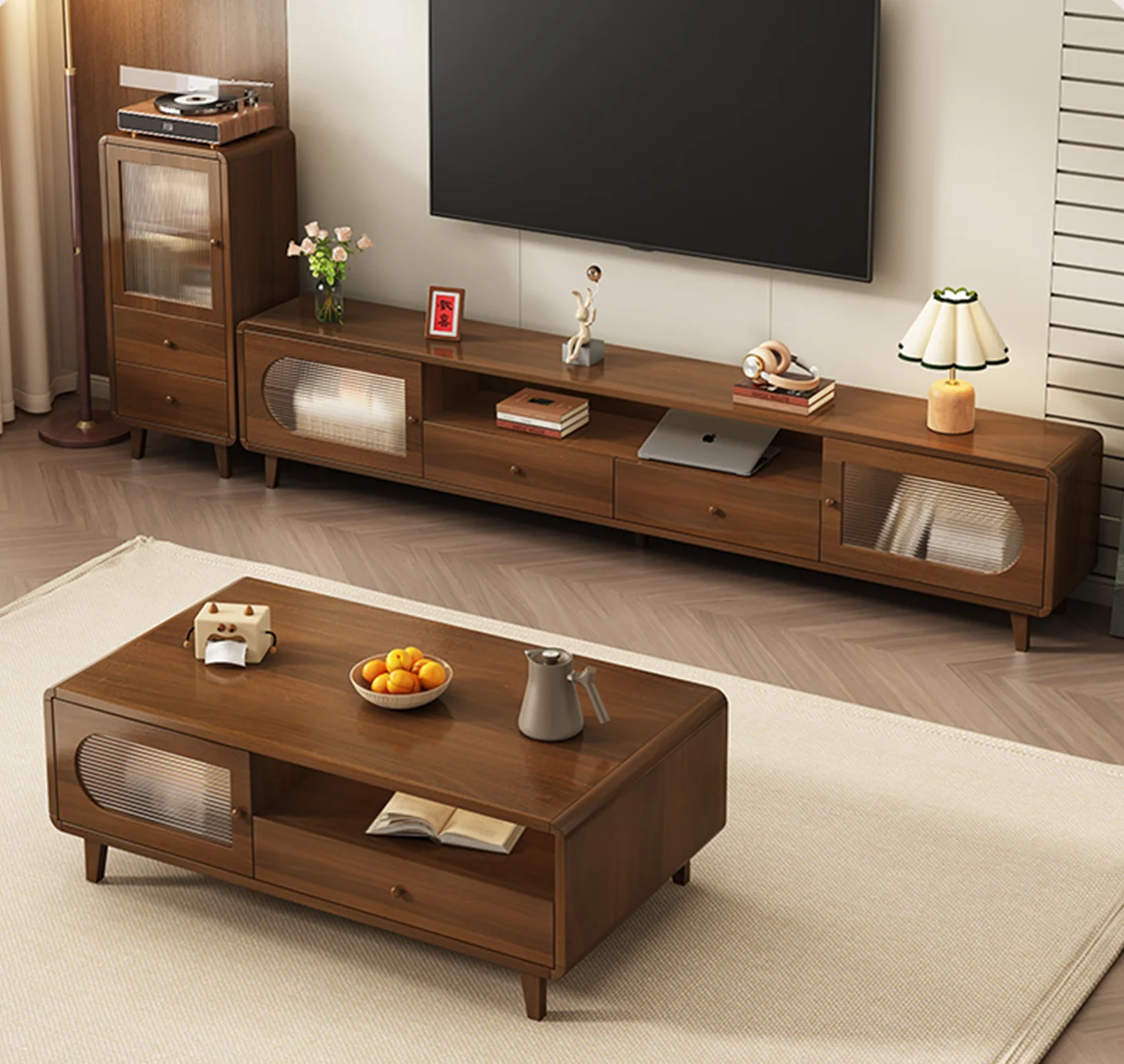 ！@Solid Wood Modern TV Cabinet and Coffee Table Set for Living Room Furniture Walnut Color Shipped Made TV Stands TV Table MDF