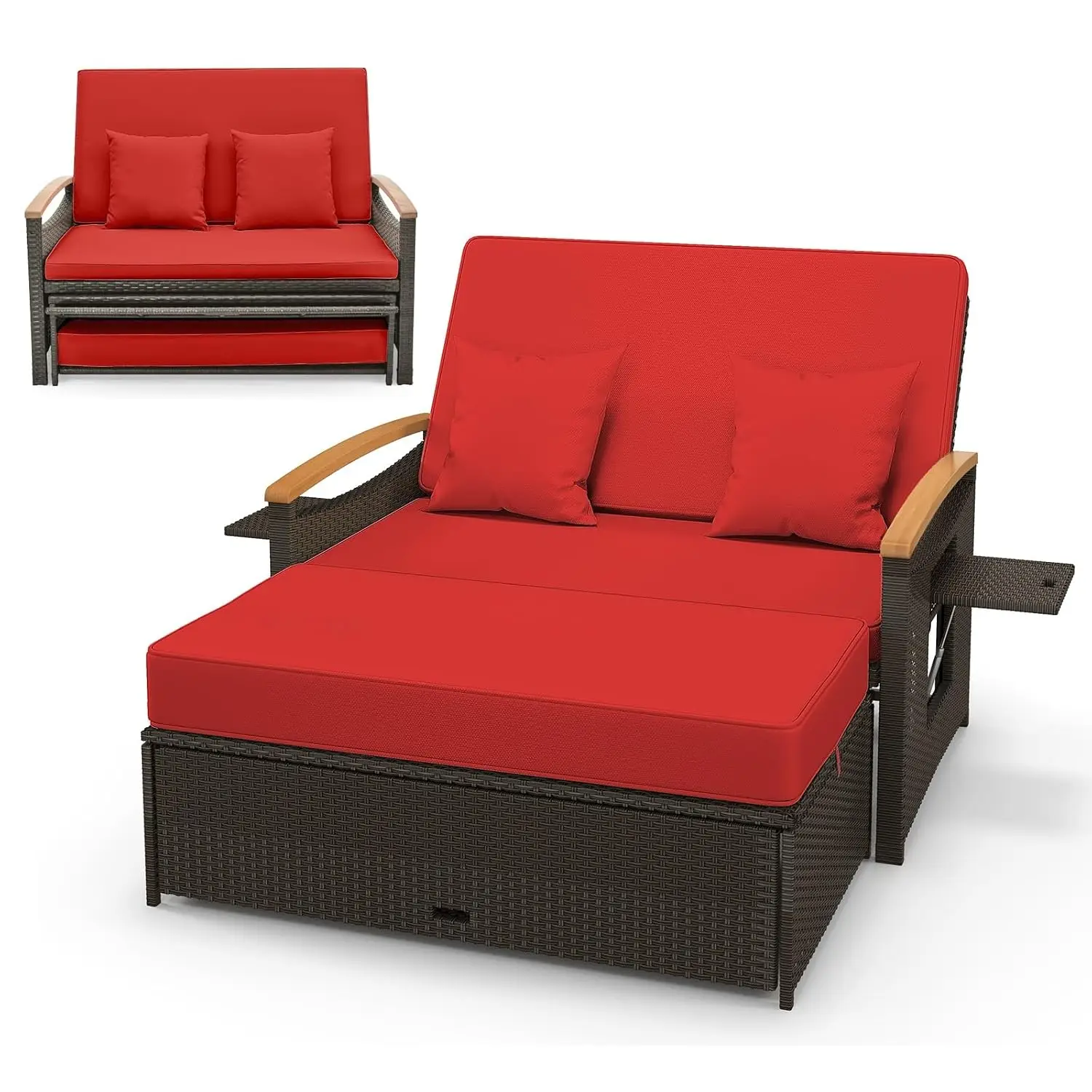 Wicker Rattan Outdoor Daybed w/Storage Ottoman, Adjustable Chaise Lounge w/Retractable Trays, 2-Person Sunbed, Customized