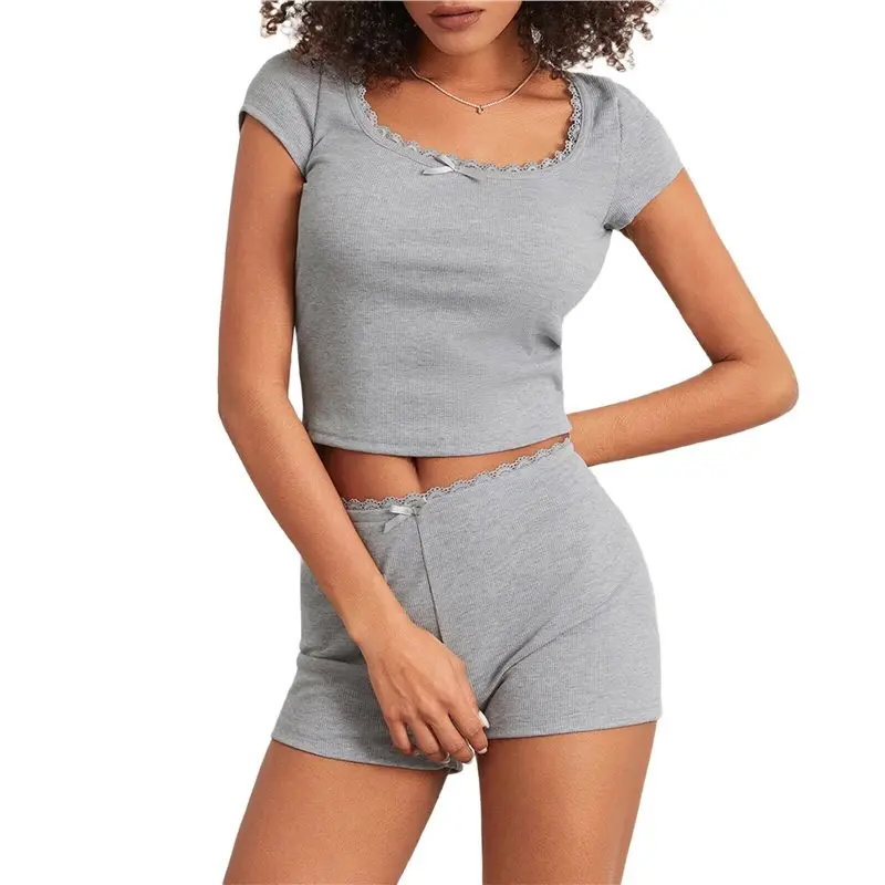 

CYL-Women's Lace Trim Loungewear Two Piece Set Slim Fit Square Neck Knit Short Set Casual Outfit