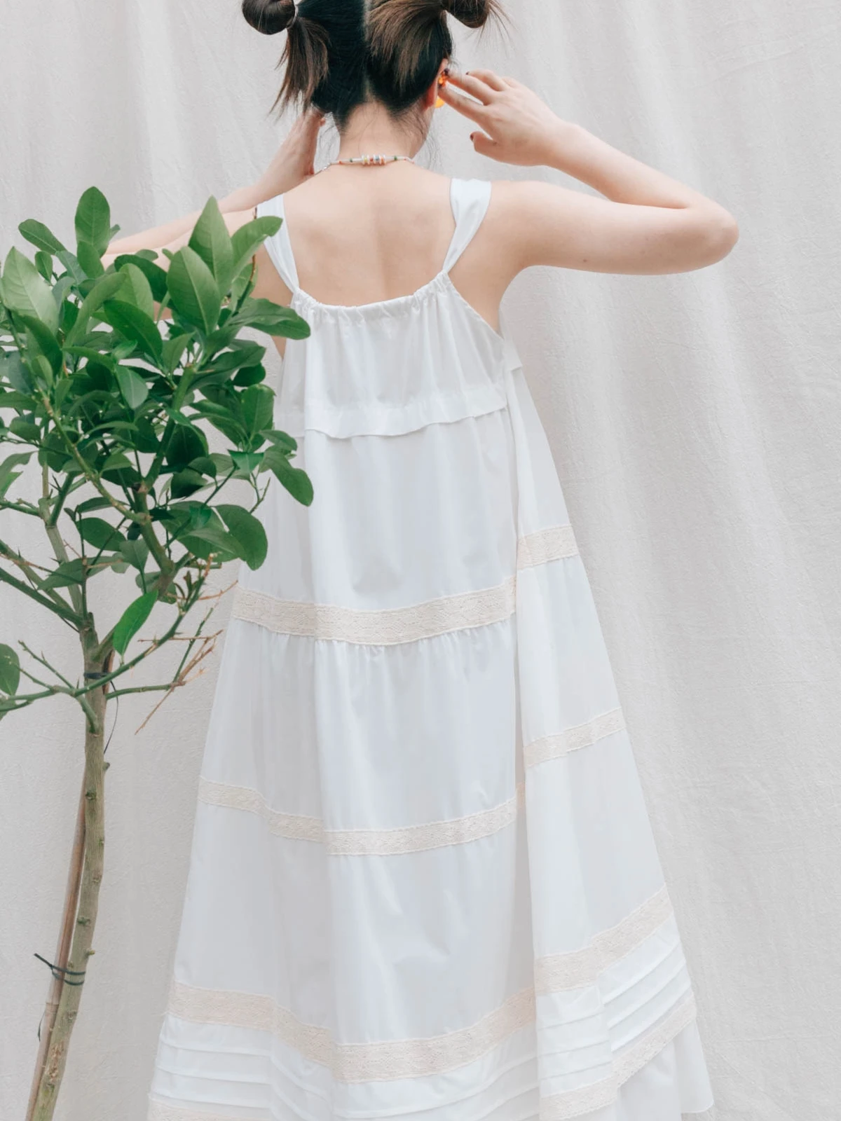 

l Heavyweight Pure White Lace Trim Vest Dr Summer Iron Free Cotton Gingham Cheered Skirt Sweet Sle A-Line Dr