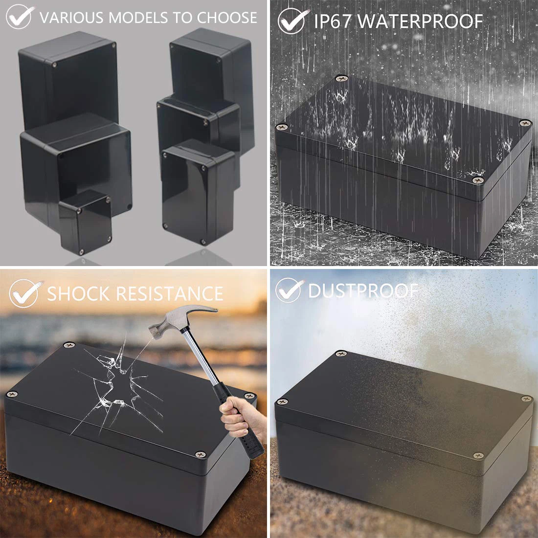 IP67 Black Waterproof Electrical Enclosure V0 Grade Flame Retardant Box Outdoor ABS Plastic Black Power Junction Box