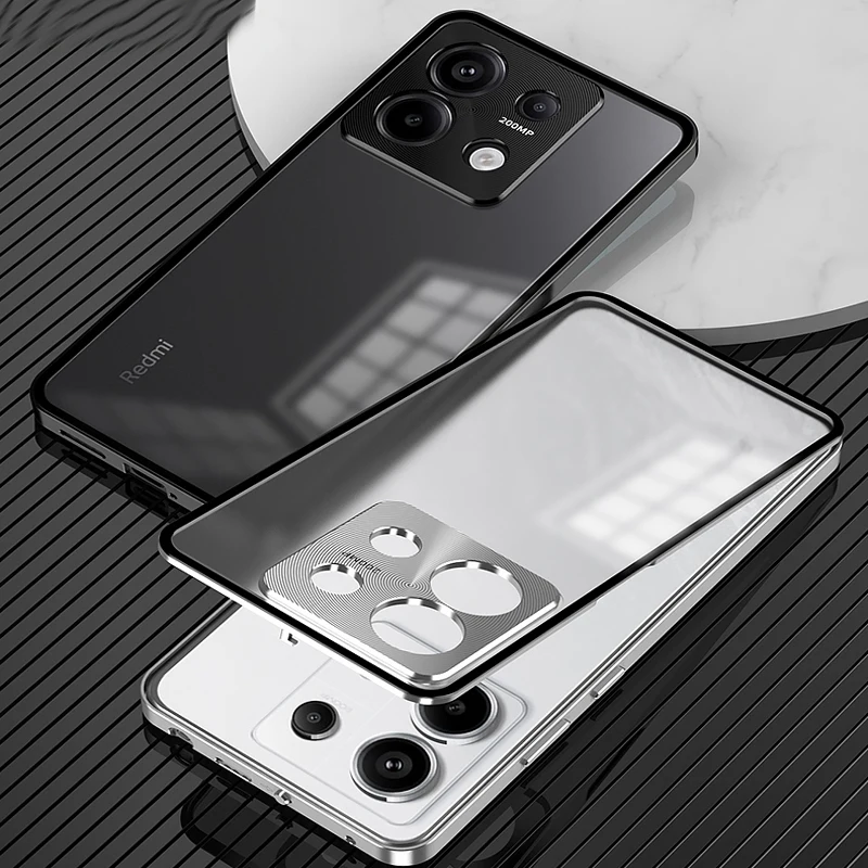 حافظة لهاتف Redmi Note 13 14 Pro Plus 5G غطاء خلفي شفاف غير لامع إطار من سبائك الألومنيوم 2 أجزاء Skin Funda