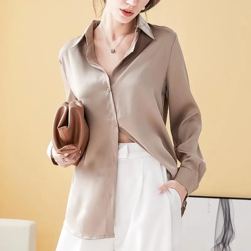 Women Clothing Elegant Loose Solid Blouse Polo Neck Long Sleeve All-match Loose Office Shirt Tops Spring Autumn Vintage Trend