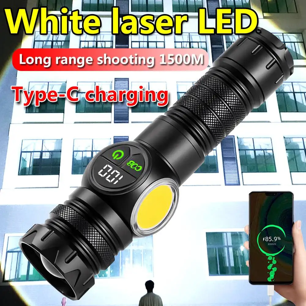 USB Rechargeable LED Flashlight Alloy Torch with Screen Digital Display Tail Magnet COB Side Light Long Distance Flashlight