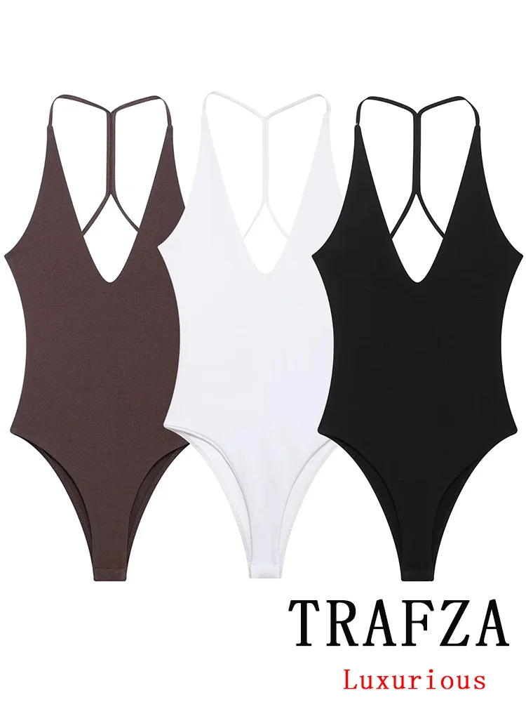 

TRAFZA Sexy Club Bodysuits Solid Sleeveless Slim Halter Short Bodysuits New Fashion 2025 Spring Summer Sheath Female Jumpsuits