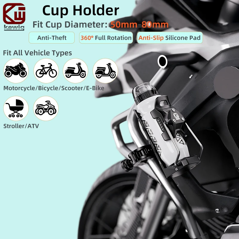 Suporte de Copo Ajustável para Motocicleta Kewig 6ª Geração Antifurto e Antiqueda 360 °   Suporte Rotativo para Garrafa de Bebida para Scooter, E-Bike e Bicicleta
