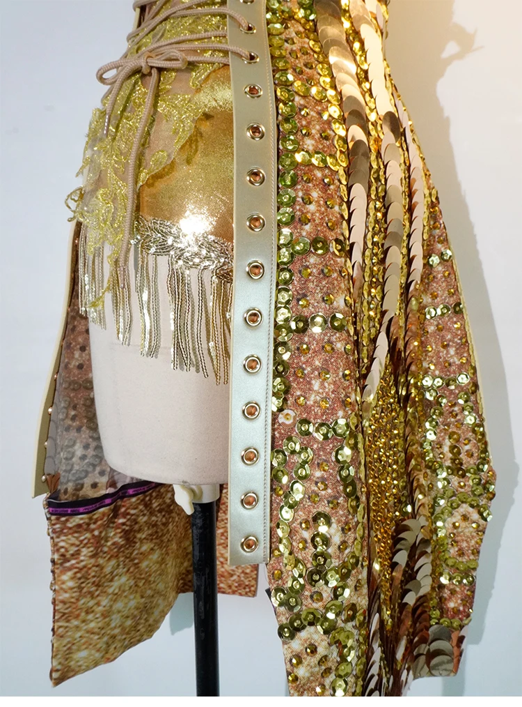 반짝이는 황금 스팽글이 있는 투피스 드레스 섹시한 등이없는 레이스 생일 파티 클럽 공연 및 휴일 축하 의상