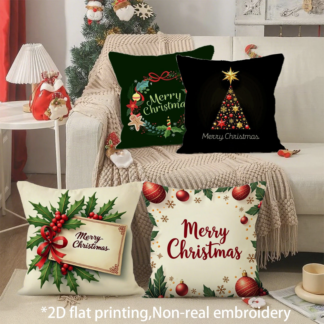 Merry Christmas Pillow Covers Pattern Cushion Cover Suitable for Sofa Bedroom Car Pillow Cover