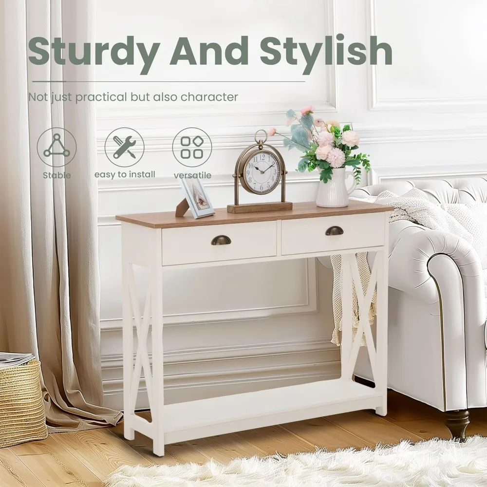 طاولة المدخل، طاولة كونسول ضيقة للمزرعة مع درج لغرفة المعيشة/المدخل، أبيض عاجي