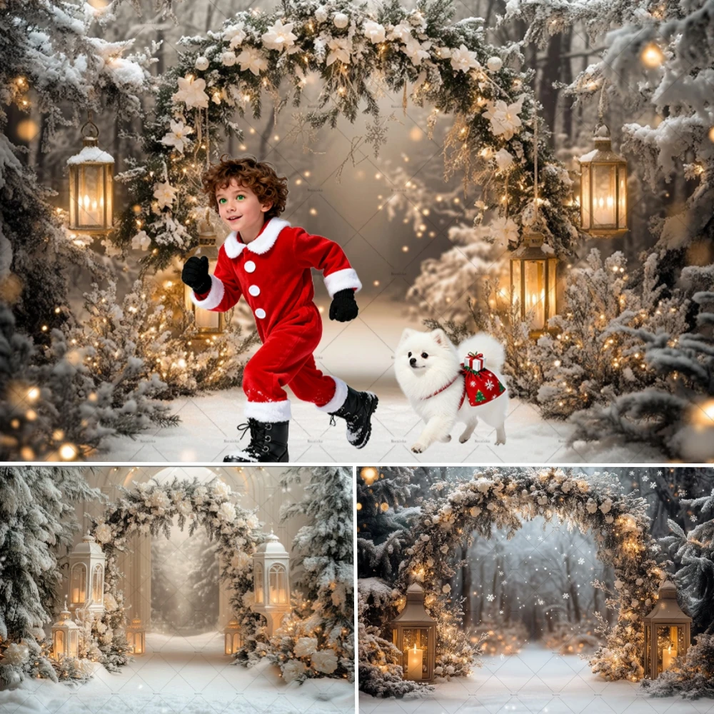 

Winter Christmas Photography Background Xmas Forest Lantern Glitter Arch Door Kids Family Portrait Decor Backdrop Photo Studio