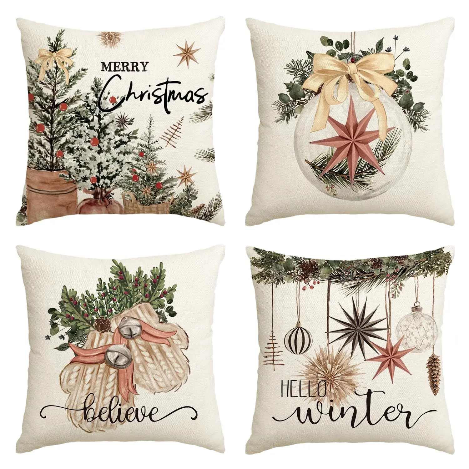 

Merry Christmas Balls Eucalyptus Holly Berries Gloves Throw Pillow Covers,Xmas Winter Holiday Cushion Case for Sofa Set of 4