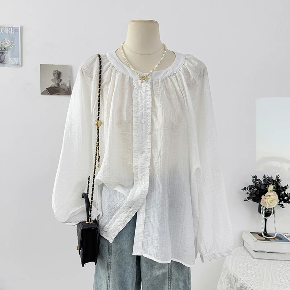 

French Ruffle Design Blouse Round Neck Single Button Top Minimalist Style Loose Shirt Spring Autumn Womens Clothing Casual