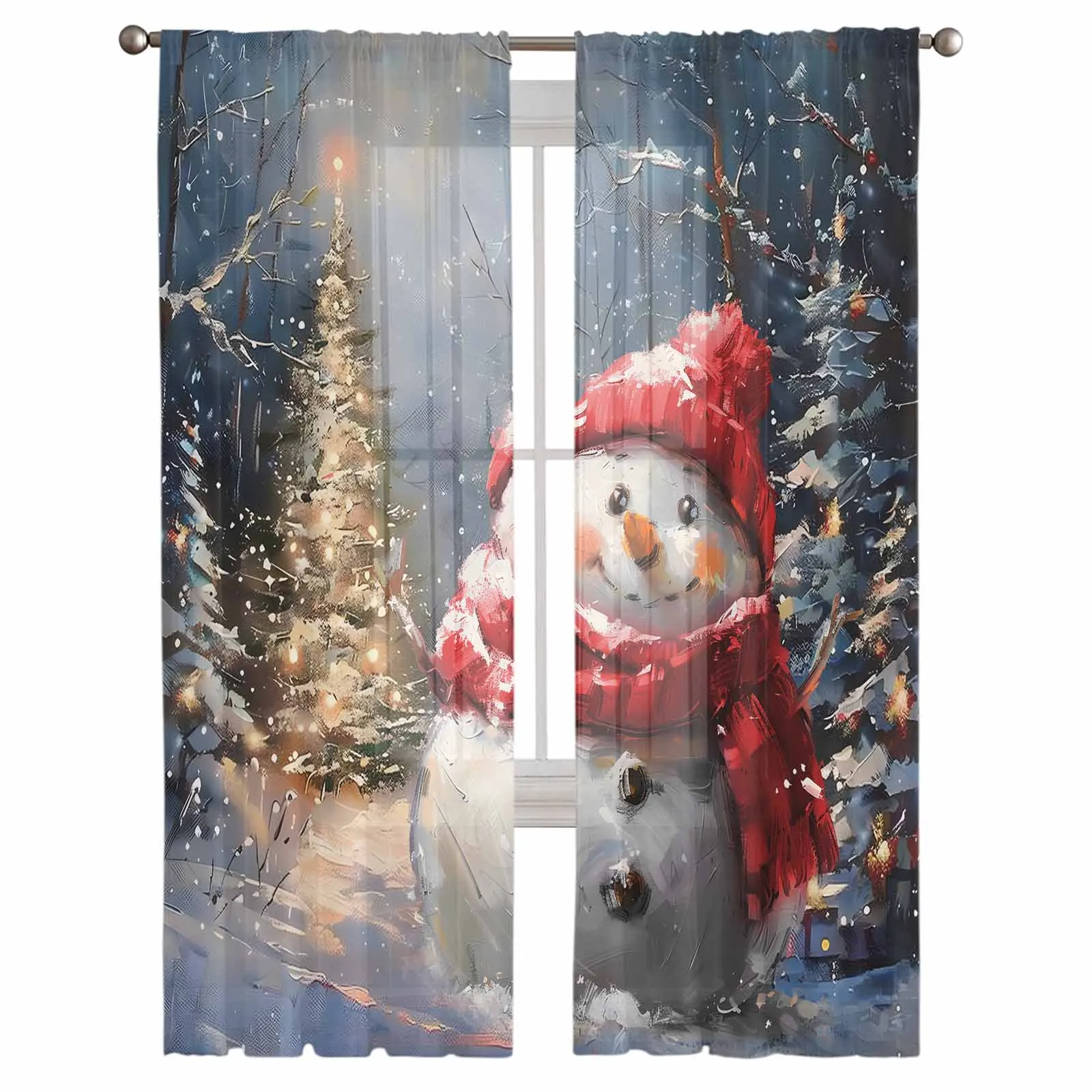 Christmas Tree Snowman Vintage Oil Painting Window Treatment Tulle Modern Sheer Curtains for Kitchen Living Room Curtains Decor