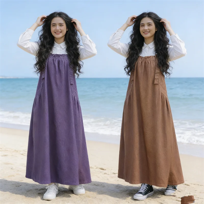 

Fashion Women's Overalls Solid Color Simple Pockets Casual Female Dresses Suspender Dress Muslim Dubai Abaya Loose Vestidos Robe
