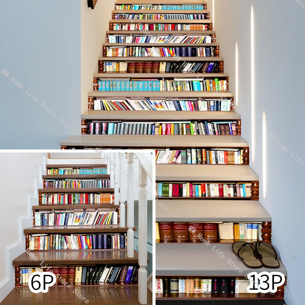 

Creative 3D Retro Bookshelf Pattern Wall Sticker Removable Steps Decoration Staircase Sticker