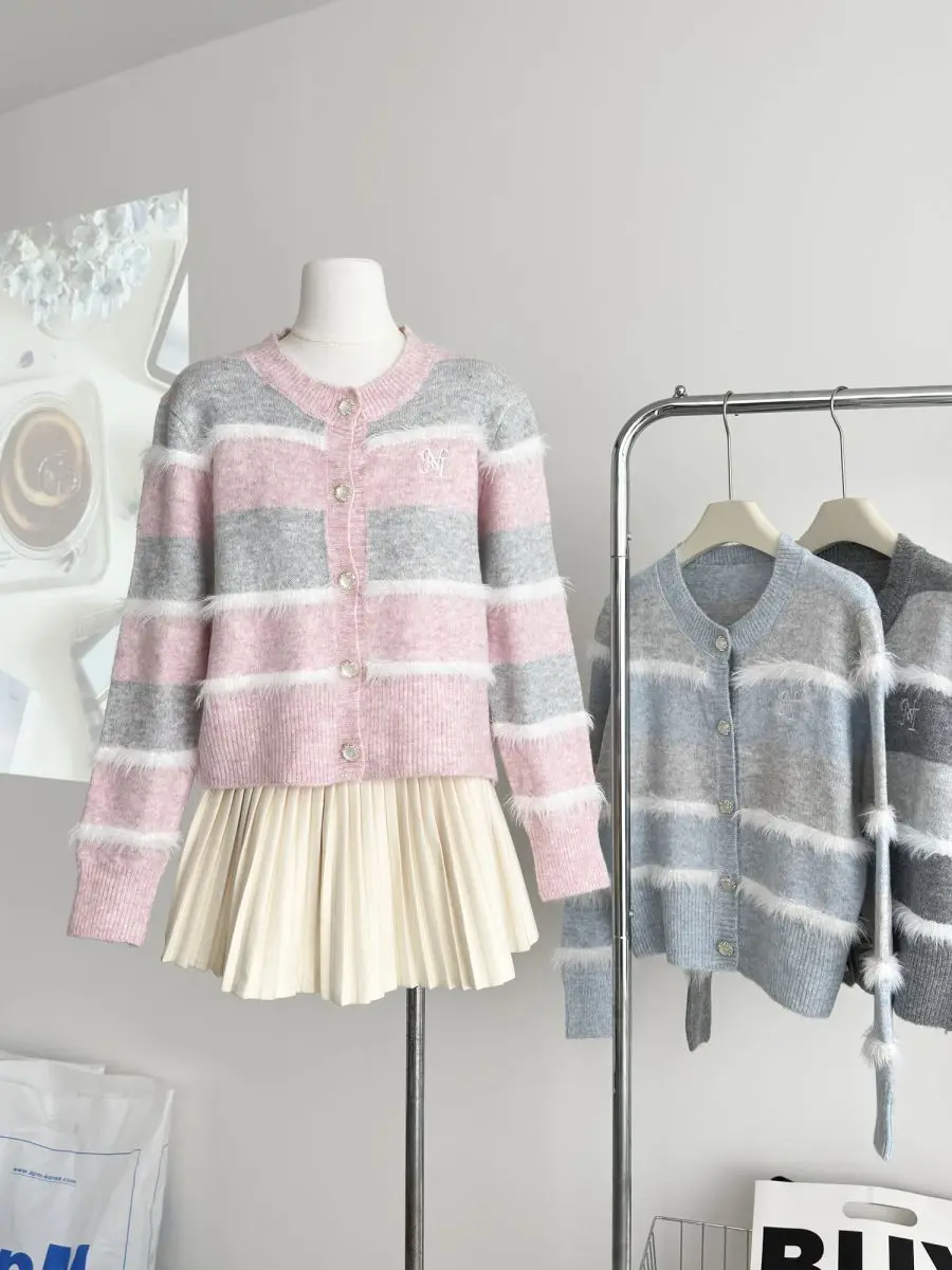 

Korobov autumn sweet o neck long sleeve striped contrast color patchwork single breasted Knitted cardigan