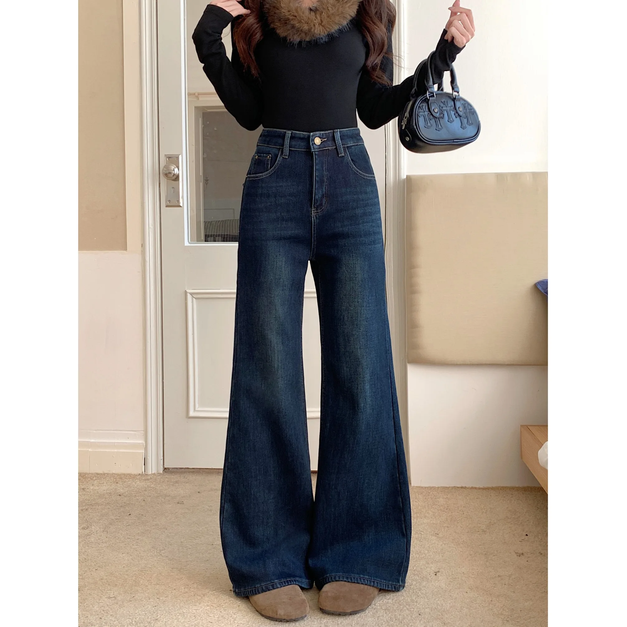 

Женские джинсы Thiened Fce, зимние прямые брюки с микро-расклешенными брюками длиной до пола, дизайн с вышивкой, удобные эластичные синие