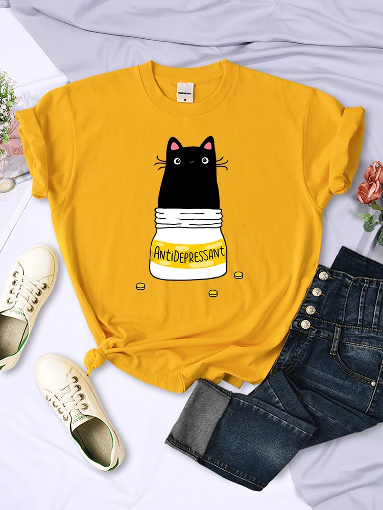 Fur Antidepressant Cat Printed T Shirts Women Sweat Brand Tee Clothes Loose Casual Clothing Pattern Breathable T Shirt Women's