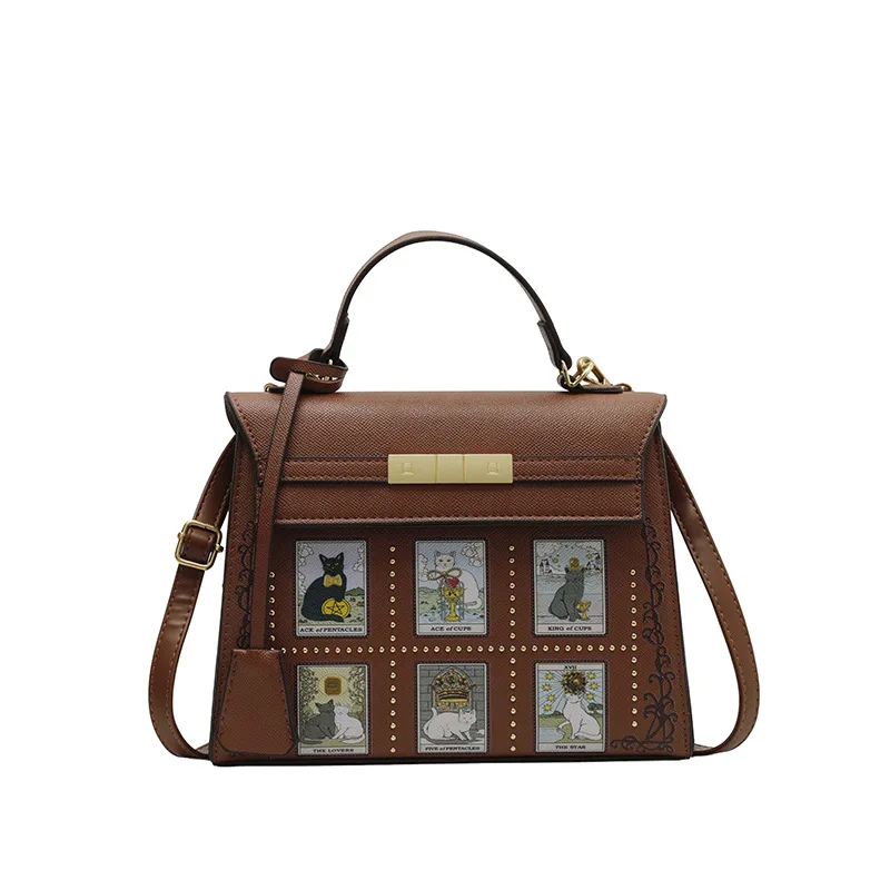 

Новая сумка с кошачьим принтом, универсальная, на плечо, с заклепками и пряжкой, кожаная, разноцветная, на выбор