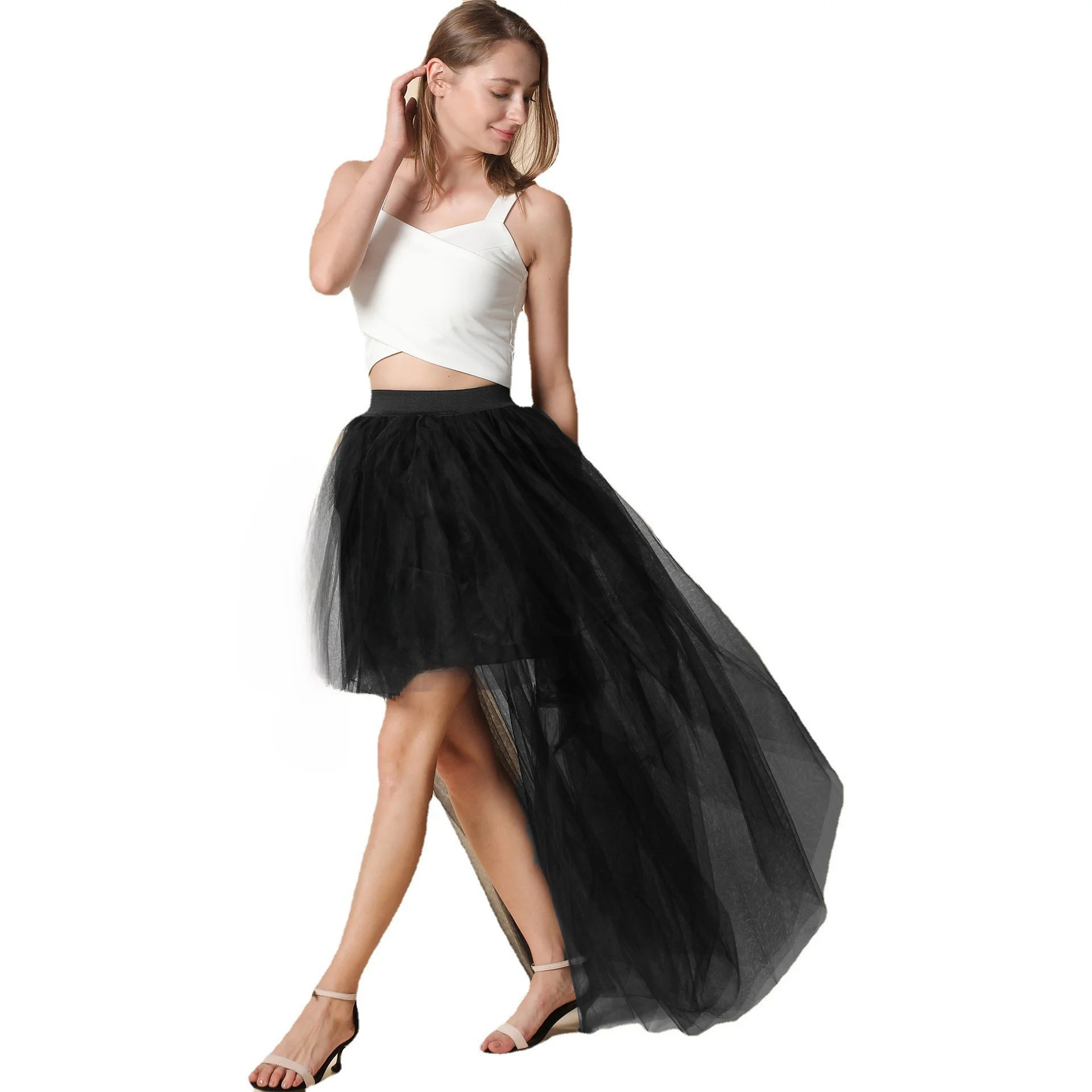 Sexy Black Tulle Skirt Half-length Front Back Flared Princess Style Polyester Fiber Sweet Style Daily Wear No Slit