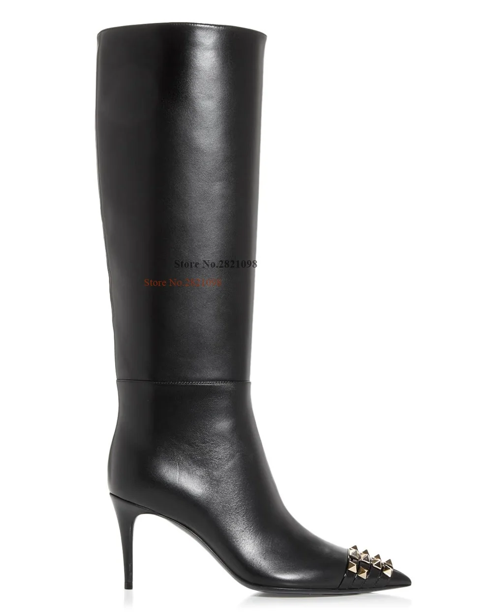 

Leather Pyramid Studs Pointed Toe Zip Inner Side Stiletto Heel Tall Boots Women Black Thin High Heel Knee Length Long Boots