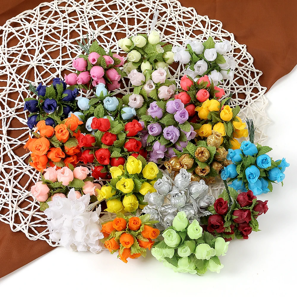 12PCs/lot Mini Artificial Rose Flowers Bouquet Silk Fake Flowers For Home Decor Wedding Decoration Craft Wreath Gift Accessories