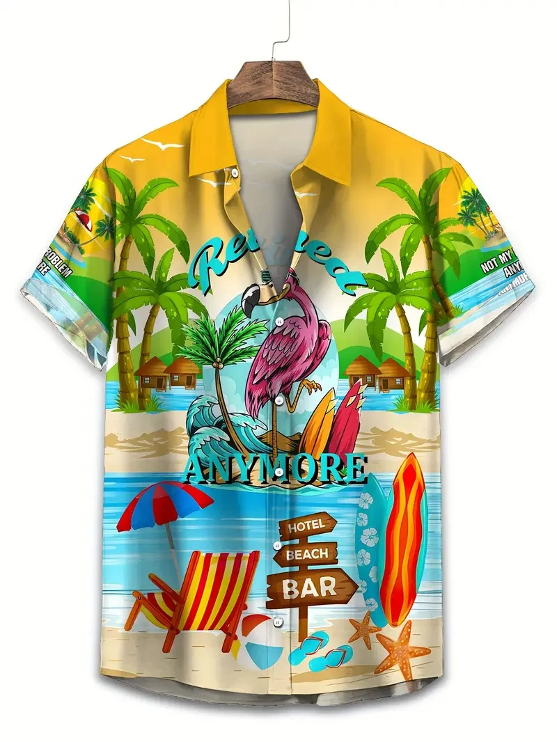 

2026 Summer Men's Vocation Lapel Camisa Vacation Hawaiian Shirts Flamingo 3d Print Fashion Unisex Beach Short Sleeve Blouse