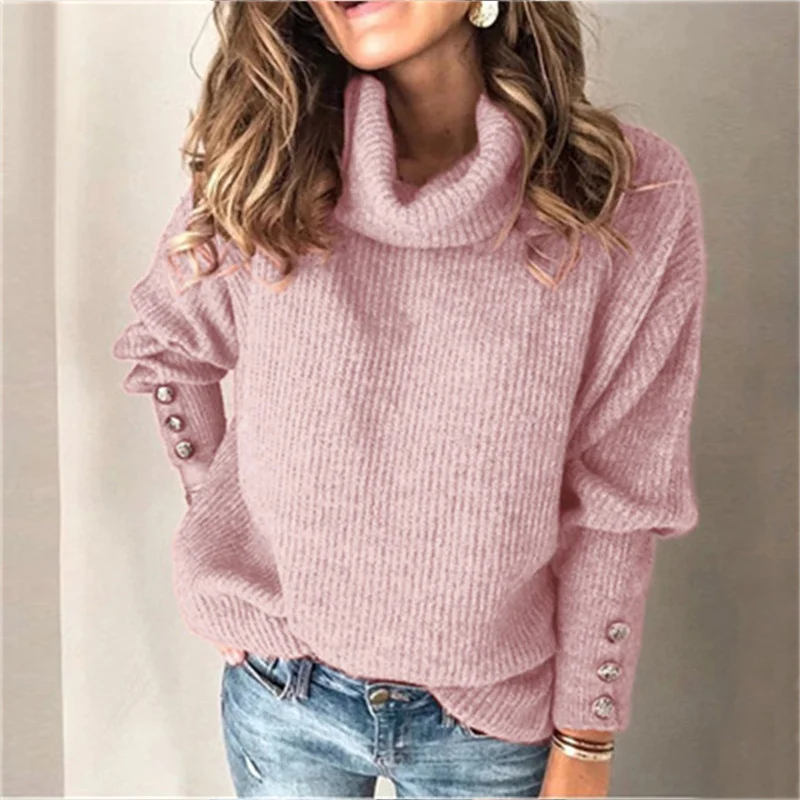 2024 Fashion Button Decoration Lantern Long Sleeve Knitwear Women Turtleneck Sweater Female Solid Color Pit Stripes Knitted Tops