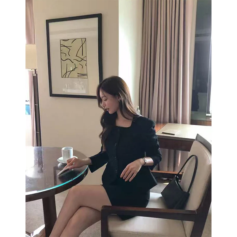 MEXZT Elegante Abgeschnitten Jacke Frauen Fashion Square Kragen Schwarz Mantel Herbst Koreanische Einreiher Lange Ärmel Kurze Outer