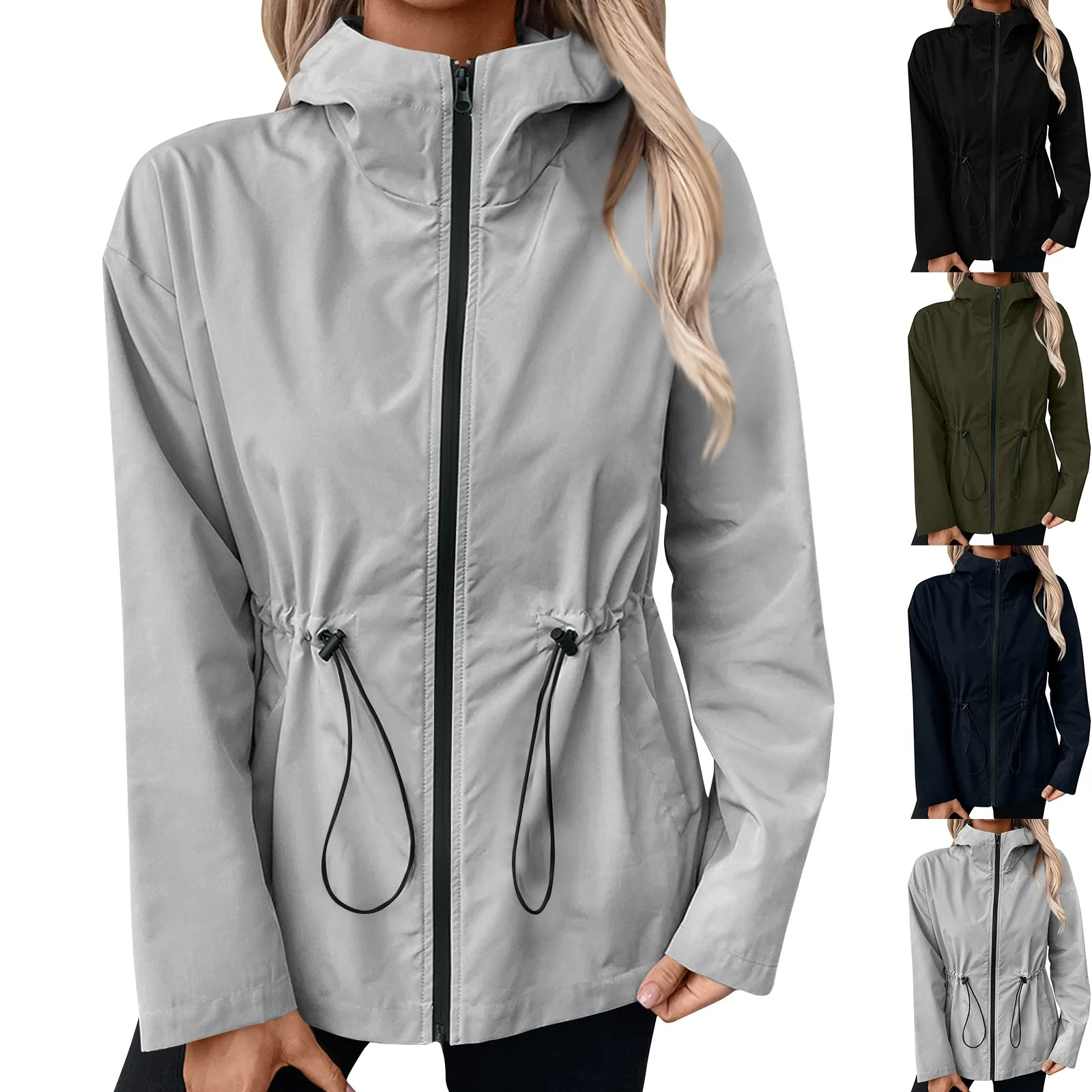 Dámská úzká pláštěnka s kapucí, outdoorová sportovní turistická kombinéza, větruodolná bunda v pase, větrovka s kapucí, bundy na zip - náhled 5