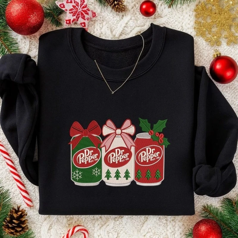 

Рождественские пуловеры с круглым вырезом Dr Pepper, праздничная толстовка с газировкой, праздничный свитшот с бантом и графикой, толстовки унисекс, рождественский напиток, спортивная одежда