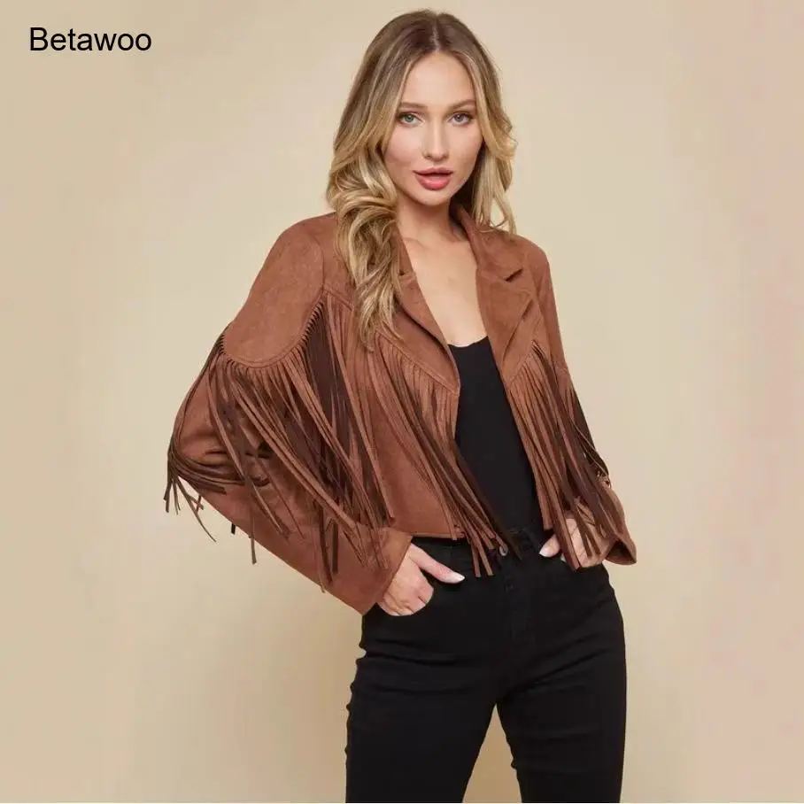 Women's Faux Suede Fringe Jacket - Western Style Orange Cropped Blazer for Party