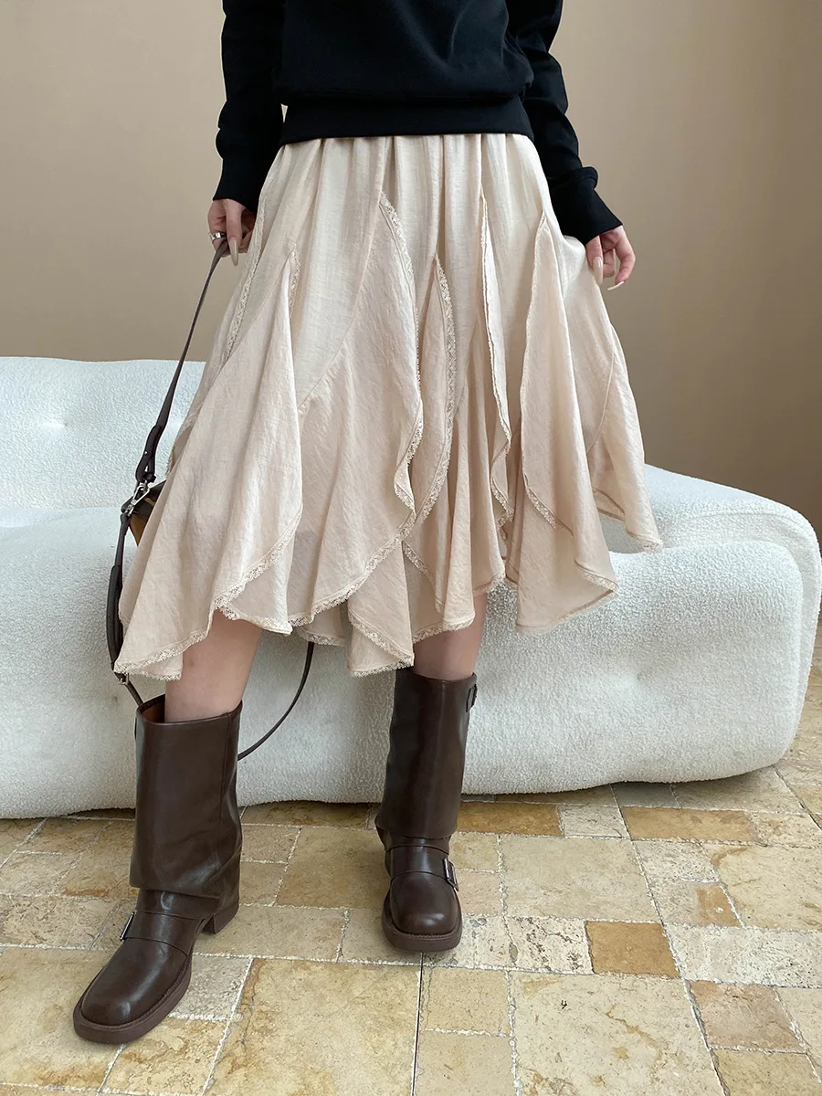 Female high waisted elastic waisted irregular lace patchwork skirt