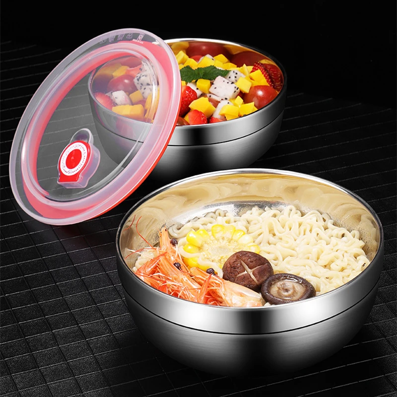 Stainless Steel Double Layer Bowl with Lid Anti-scalding Ramen Noodles Salad Bowls Food Storage Container