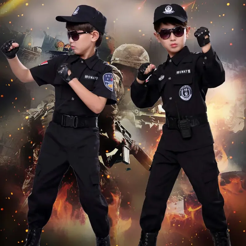 Children Policeman Uniform Cosplay Costumes Kids Police Top Pants Hat Suit Boys Girls Police Clothing Halloween Christmas Gift