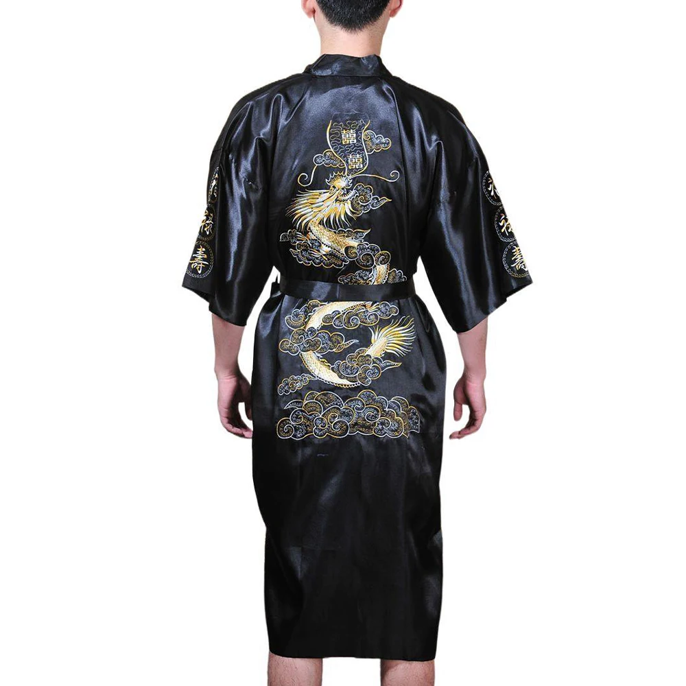 Men Fashion Satin Chinese Style Big Dragon Embroidery Nightgown Silk Kimono Sleepwear Pajamas Loose Casual Bathrobe Homewear