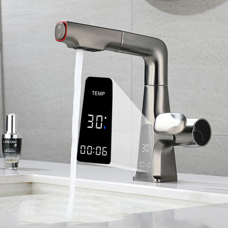 

Pull Out Brass Basin Faucet Basin Sink Faucets LED Digital Display Function Bathroom Faucets Bathroom Sink Faucet For Washing