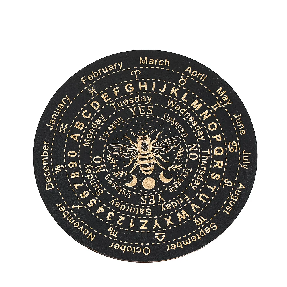 15cm Wooden Circular Star Moon Cicada Pattern Pendulum Plank English Alphabet Healing Energy Stone Meditation Divination Board
