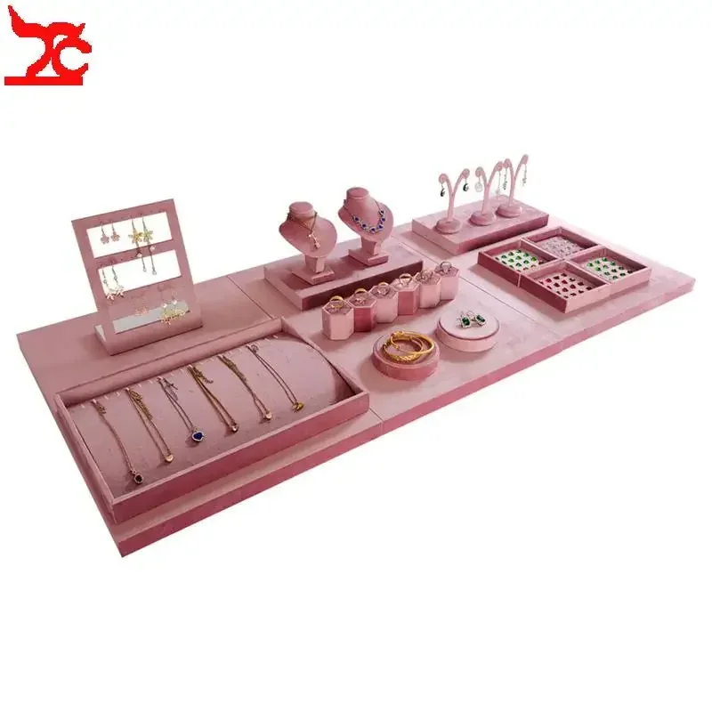 Pink Velvet Jewelry Display Stand Counter Window Necklace Earring Organizer Props Set Business Exhibition Showacase Rack