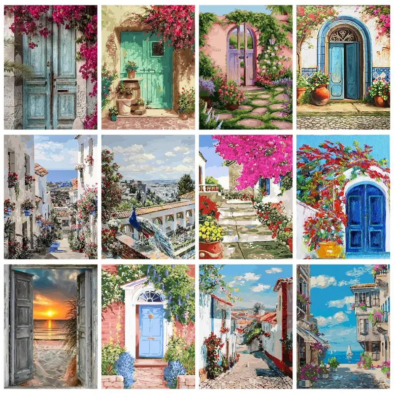 CHENISTORY Flower Door Oil Painting By Numbers Kits For Adults 60x75cm Home Decor Hand Paint Acrylic Oil Drawing Wall Art