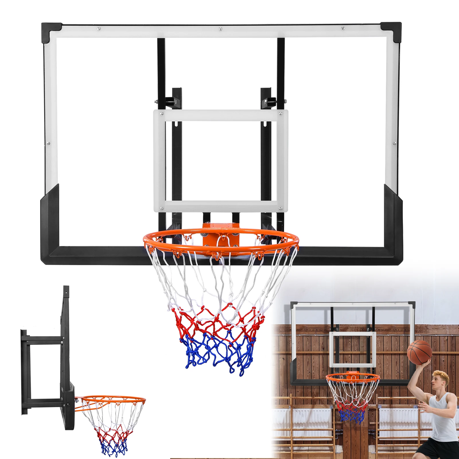 

Wall Mounted Basketball Backboard & Hoop 47-Inch Basketball Goal Combo Kit for Garage Fitness Center Barn School Gym Driveway
