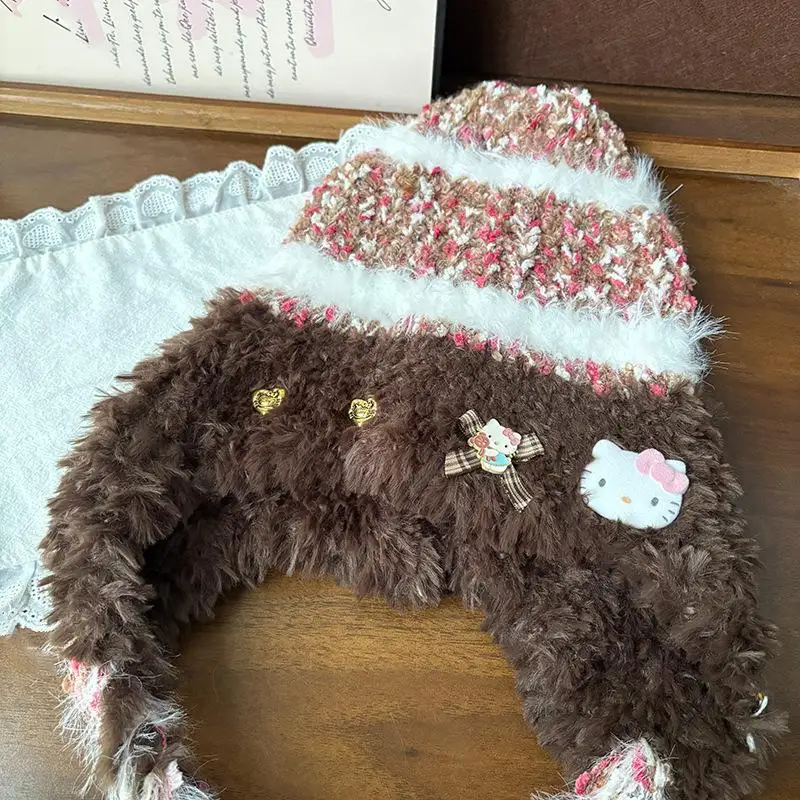 سانريو مرحبا كيتي الصوف محبوك قبعة شتاء دافئ الباردة واقية قبعة KT الأذن حماية قبعة جرلي الإكسسوارات هدايا عيد الميلاد